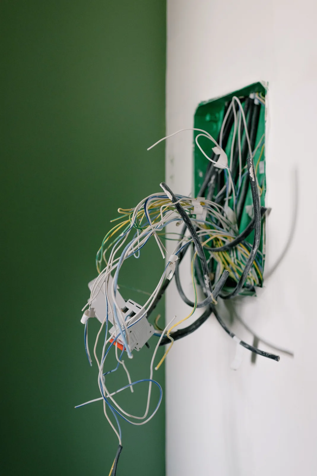 Old wiring spilling out of a junction box, for electrician in Barrie