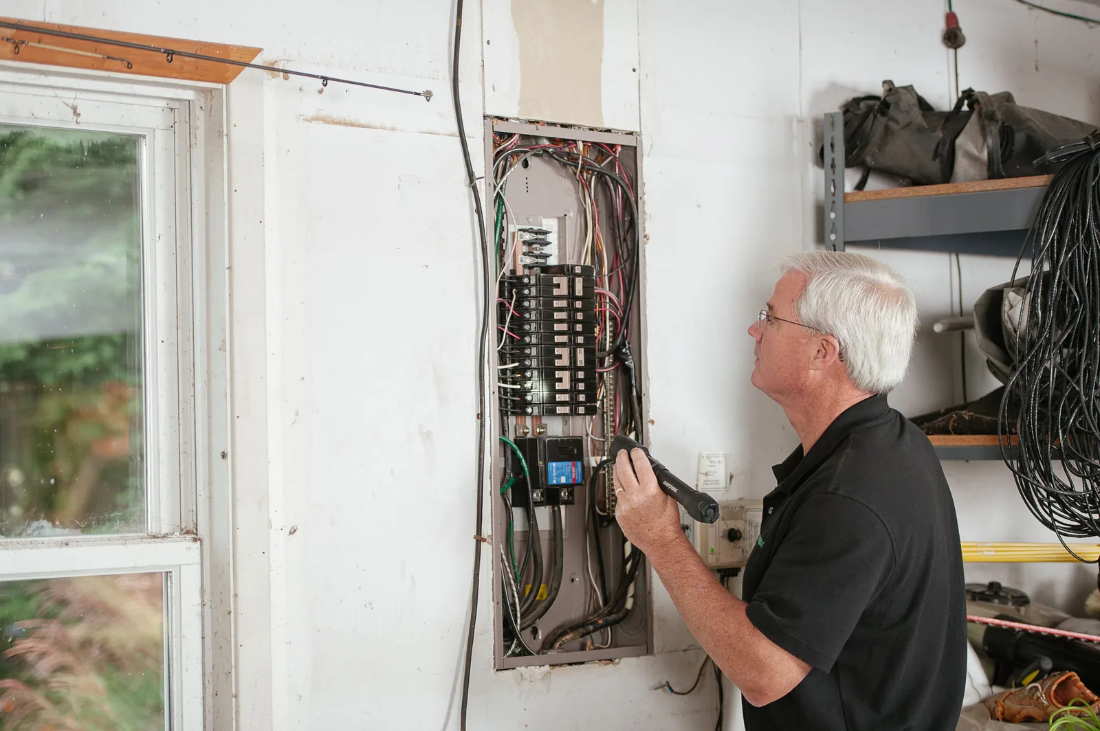 An electrician checking an open residential panel by torchlight, for licensed electrician in Barrie